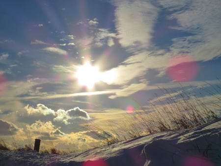 Warm Above, Frosty Below - winter, sun, country, grass, sky, clouds, field, sunset, nature, snow