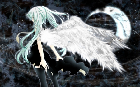 Anime Angel in the Night - moon, angel, light, magical, wings, pigtails, fantasy, dark, anime