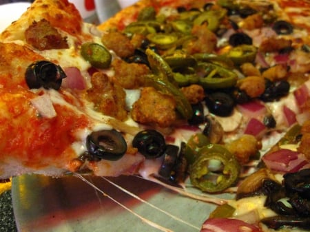 Nice Hot Spicy Pizza - abstract, peppers, sauce, hot, dough, bake, food, cheese, black, pizza, olives