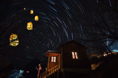 Amazing night sky - sky, lantern, house, night, woman