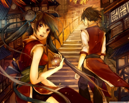 anime boy and girl on the stair - stairs, girl, boy, red, anime