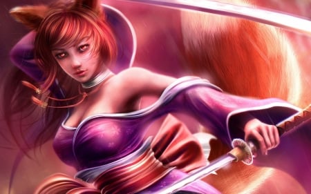 Ahri - sword, purple, pink, katana, game, girl, fox, redhead, ahri, fantasy, orange, nine tails, league of legends, woman