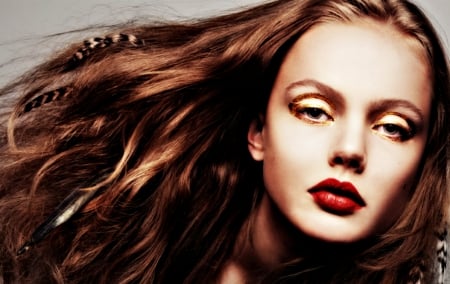 Frida Gustavsson - woman, redhead, girl, red, frida gustavsson, feather, make-up, model