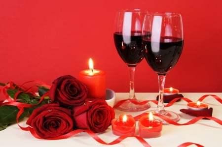 Happy Valentine's Day - roses, wine, blossoms, arrangement, candles, glass