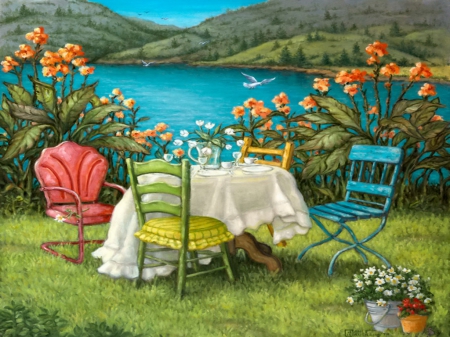 Table for four - nice, freshness, paradise, colorful, chairs, spring, painting, art, pretty, table, four, grass, garden, birds, lake, mountain, summer, shore, place, company, lovely, vase, beautiful, rest, flowers