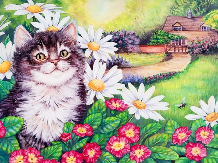 Spring cat - cute, village, cat, cottage, grass, kitty, colorful, flowers, spring, peaceful, art, sunny, kitten, daisies, house, painting, fluffy