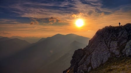 climber on a mountain top in a gorgeous sunset - climber, fog, sunset, mountains, peaks