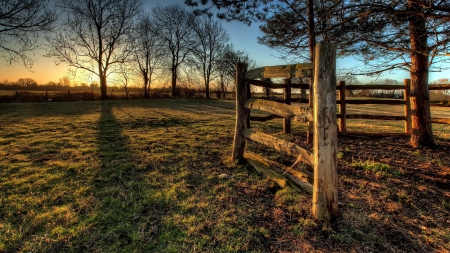 a wooden fence in a field at sunrise hdr - wood, fence, trees, shadows, field, hdr, sunrise