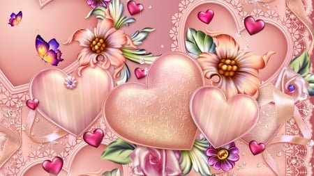 Hearts Unlimited - hearts, romantic, pink, peach, lace, valentines day, flowers, butterflies