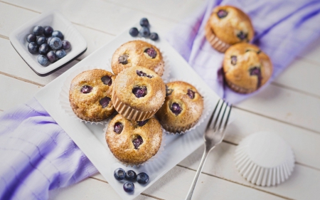 Desserts - blueberries, tablecloth, desserts, pastries, berry, sweets, berries, cakes, fruit, dessert, blueberry, fork