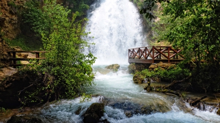 viewing platform at resavitsa falls serbia - platform, river, waterfalls, trees, cliff