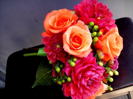 Flowers - dahlia, rose, orange flowers, beautiful, pink flower, flowers, pink flowers, dahlias, orange flower, flower