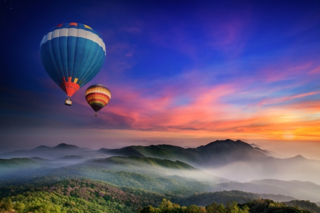 Up in the Sky - hot air balloons, clouds, splendor, landscape, sunrise, nature, ballons, mountains, sky