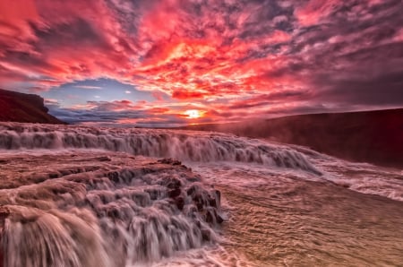 Splendor - clouds, water, splendor, sunrise, river, nature, waterfall, sun, sky