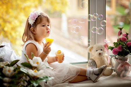 Little Princess - pretty, little lady, sweetness, beautiful, window, girl, toys, beauty, flowers, bubbles, cute, princess, adorable