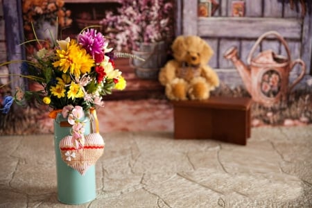 With Love - flowers, vase, pretty, heart, beautiful, toys, with love, still life