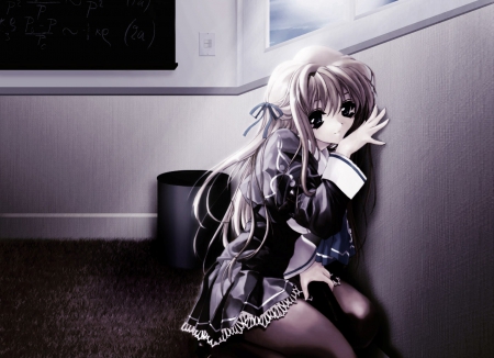 After school - woman, beauty, female, black, white, art, classroom, dark, grey, pretty, anime, cute, lady, girl, school, lovely, beautiful, uniform, sweet