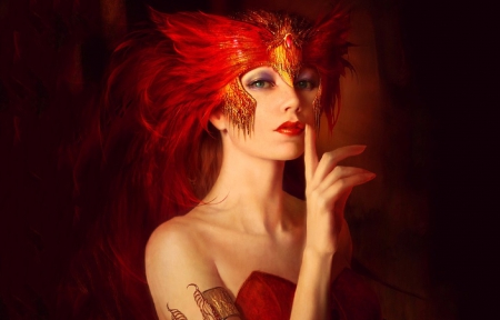 Silence - beautiful, serene, girl, lovely, cg, fantasy, red, digital, woman, fairy, feathers, art, wallpaper