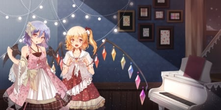 Dress Up Time!! - piano, dresses, anime, ponytail, flandre scarlet, bows, blonde, vampires, red eyes, short hair, touhou, blue hair, sisters, wings, friends, remilia scarlet