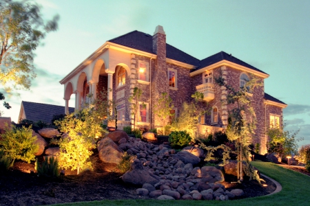 Large Luxury House - sky, windows, trees, rocks, bushes, nature, home, blue, green, architecture, house, grass, lights