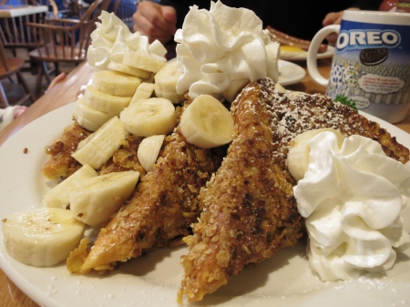 French Bread with Bananas and Whipped Cream - whipped, bananas, fruit, french, white, abstract, cream, brown, yellow, sweet, bread, food, plate