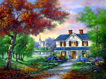 Sunday's colors - house, trees, alley, beautiful, sunday, colors, lovely, village, flowers, countryside, painting, art, cottage