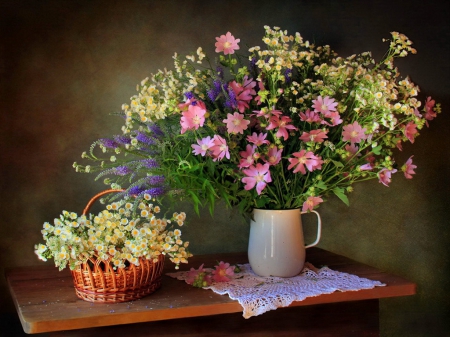 Still life - nice, elegance, delicate, bouquet, tender, basket, lovely, still life, vase, pretty, petals, beautiful, leaves, flowers, daisies, harmony