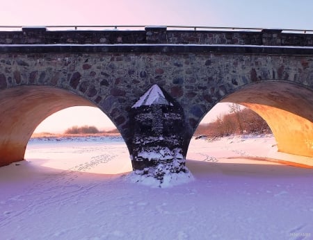 Sunrise. Stones Bridge in Kandava. - winter, nature, rivers, bridges