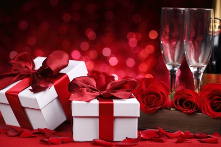 With Love - beauty, bokeh, gift, roses, glasses, photography, rose, with love, pretty, petals, valentines day, romance, gifts, red roses, love, wedding, for you, lovely, love four seasons, holidays, valentines, romantic, red, beautiful, splendor, beloved valentines, flowers, colors