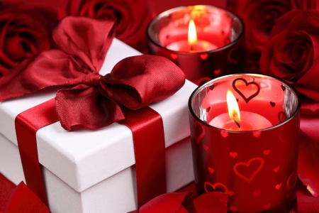 With Love - roses, for you, valentines day, splendor, candle, red roses, with love, flowers, rose, ribbon, candles, gift, bow