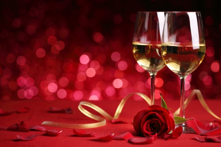 With Love - roses, bokeh, for you, valentines day, red roses, with love, flowers, champagne, glasses, rose