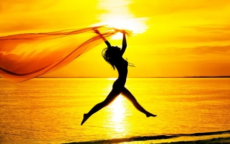 Jump in the sun - sky, silhouette, beach, girl, humor, sunset, jump, sea