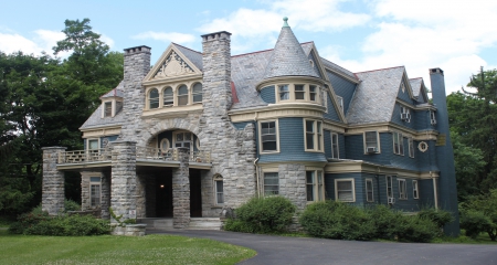 Mansion - house, blue, windows, bushes, grass, architecture, home, living, doors, nature, driveway, green, gray, country, sky