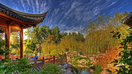 marvelous terrace in a chinese garden hdr - people, terrace, hdr, garden, pagoda, creek