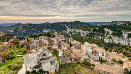 ancient hilltop village - clouds, hills, roofs, old, vilage, rocks