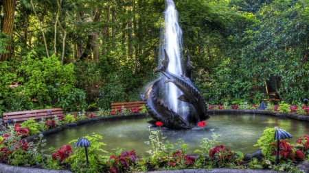 wonderful garden fountain hdr - fountain, statue, fish, hdr, flowers, garden