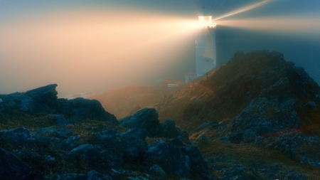 bright lighthouse on a foggy night - bright, lighthouse, light, fog, rocks