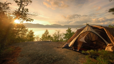 tent on a lake shore at sunrise - tent, lake, trees, shore, sunrise