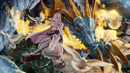 Meet my little friend - scary, death, girl, blood, blue, anime, dragon, friend, birds