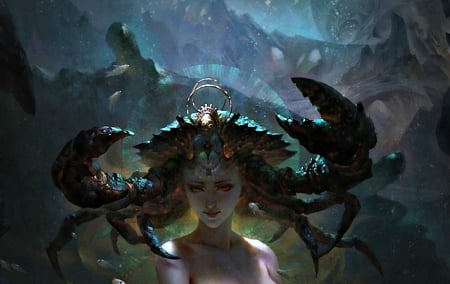 Zodiac ~ Cancer - hgjart, zodiac, cancer, crab, girl, guangjian huang, claws, art, fantasy, woman