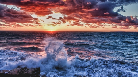 sea waves breaking ashore at sunset hdr - horizon, shore, sunset, waves, rocks, clouds, hdr, sea, splash