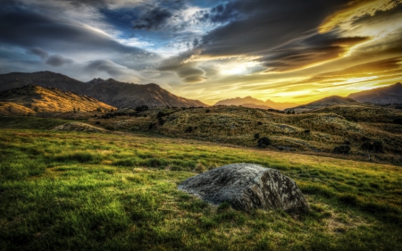 beautiful grassy hillsides at sunset hdr - hulls, rocks, sunset, hdr, grass