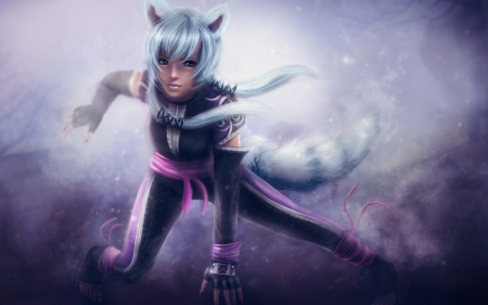 Aurora - tail, girl, cat, fighter, aurora, fantasy, purple, game, pink