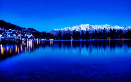 town on a blue lake at dusk - town, blue, lake, dusk, mountains, light