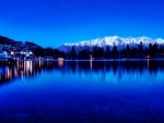 town on a blue lake at dusk