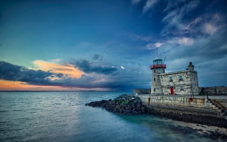 fantastic brick lighthouse on a stone wharf hdr - lighthouse, bricks, clouds, hdr, sunset, sea, rocks, wharf