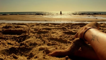 tattooed feet on a beach - tattoos, beach, sunshine, sea, feet