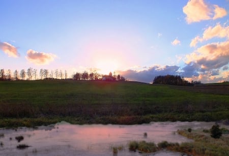 Sunset over little Latvian church. - sunsets, nature, fields, landscape