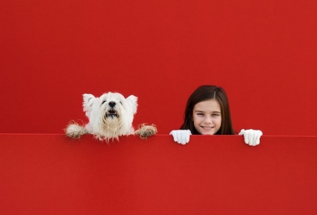 Two in red - girl, dog, beautiful, red passion, smile, cute, red wall, happy