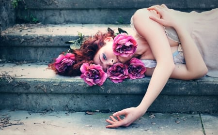 Beauty - stairs, beauty, girl, rose, steps, purple roses, flowers, redheads, dreamer